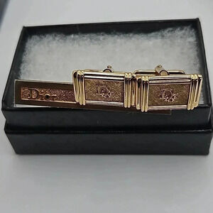 Christian Dior CD Logo Bullet Back Gold Tone Cufflinks with Tie Bar